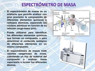  El espectrómetro de masas es un
artefacto que permite analizar con
gran precisión la composición de
diferentes elementos químicos e
isótopos atómicos, separando los
núcleos atómicos en función de su
relación carga-masa (z/m).
 Puede utilizarse para identificar
los diferentes elementos químicos
que forman un compuesto, o para
determinar el contenido isotópico
de diferentes elementos en un
mismo compuesto.
 El espectrómetro de masas mide
razones carga/masa de iones,
calentando un haz de material del
compuesto a analizar hasta
vaporizarlo e ionizar los diferentes
átomos.
 