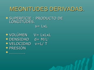 MEGNITUDES DERIVADAS.


SUPERFICIE : PRODUCTO DE
LONGITUDES.
s= LxL

VOLÚMEN
V= LxLxL
 DENSIDAD
d= M/L3
 VELOCIDAD
v=L/ T
 PRESIÓN
 …………….


 