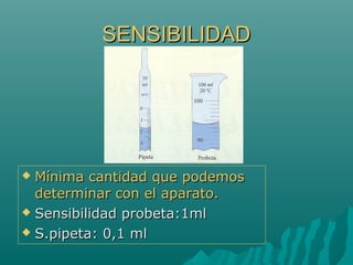 SENSIBILIDAD

Mínima cantidad que podemos
determinar con el aparato.
 Sensibilidad probeta:1ml
 S.pipeta: 0,1 ml


 