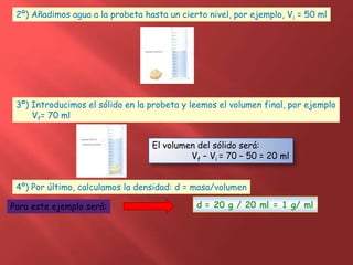 2º) Añadimos agua a la probeta hasta un cierto nivel, por ejemplo, Vi = 50 ml
3º) Introducimos el sólido en la probeta y leemos el volumen final, por ejemplo
Vf= 70 ml
4º) Por último, calculamos la densidad: d = masa/volumen
El volumen del sólido será:
Vf – Vi = 70 – 50 = 20 ml
d = 20 g / 20 ml = 1 g/ mlPara este ejemplo será:
 