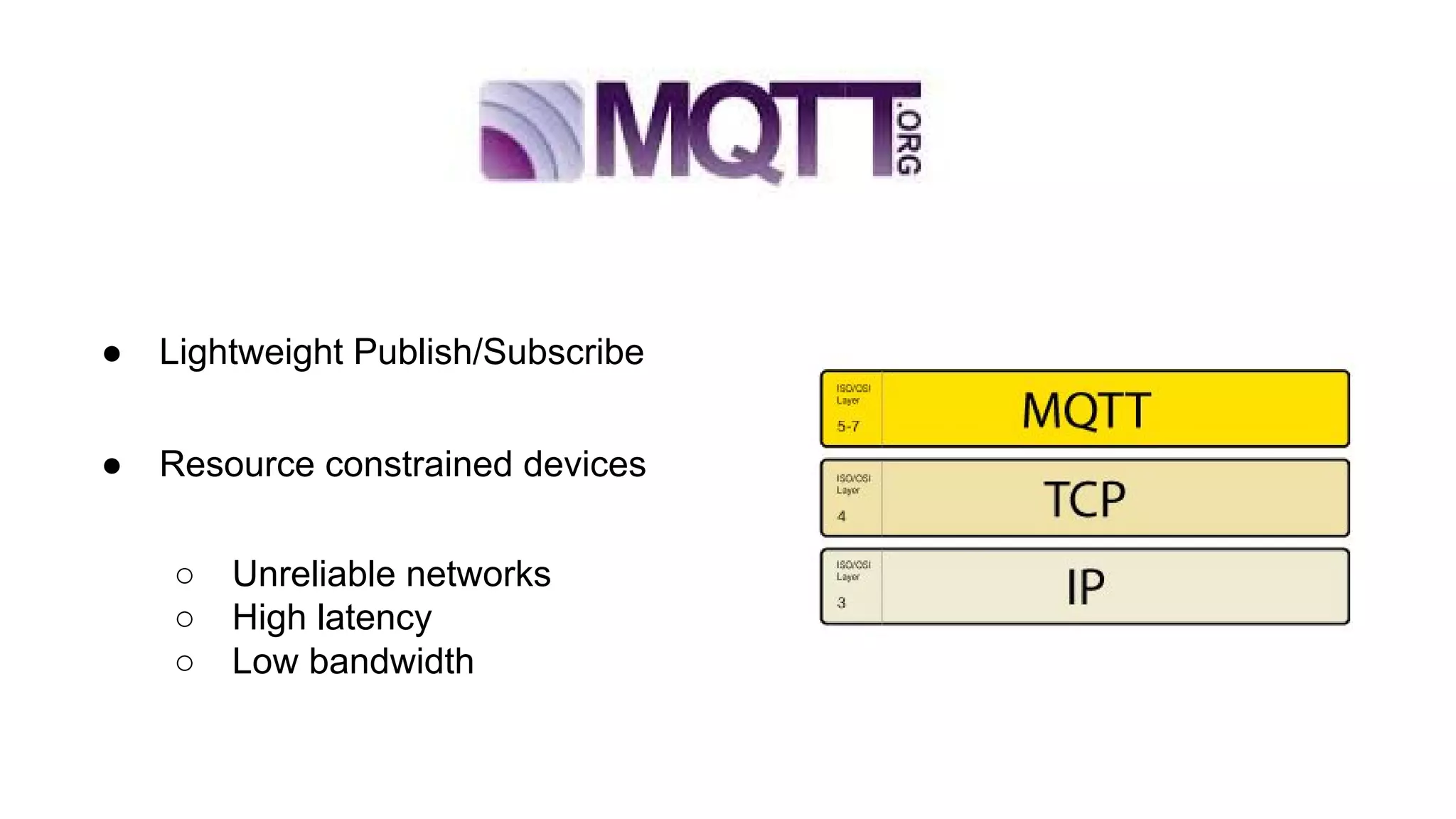 ● Lightweight Publish/Subscribe
● Resource constrained devices
○ Unreliable networks
○ High latency
○ Low bandwidth
 