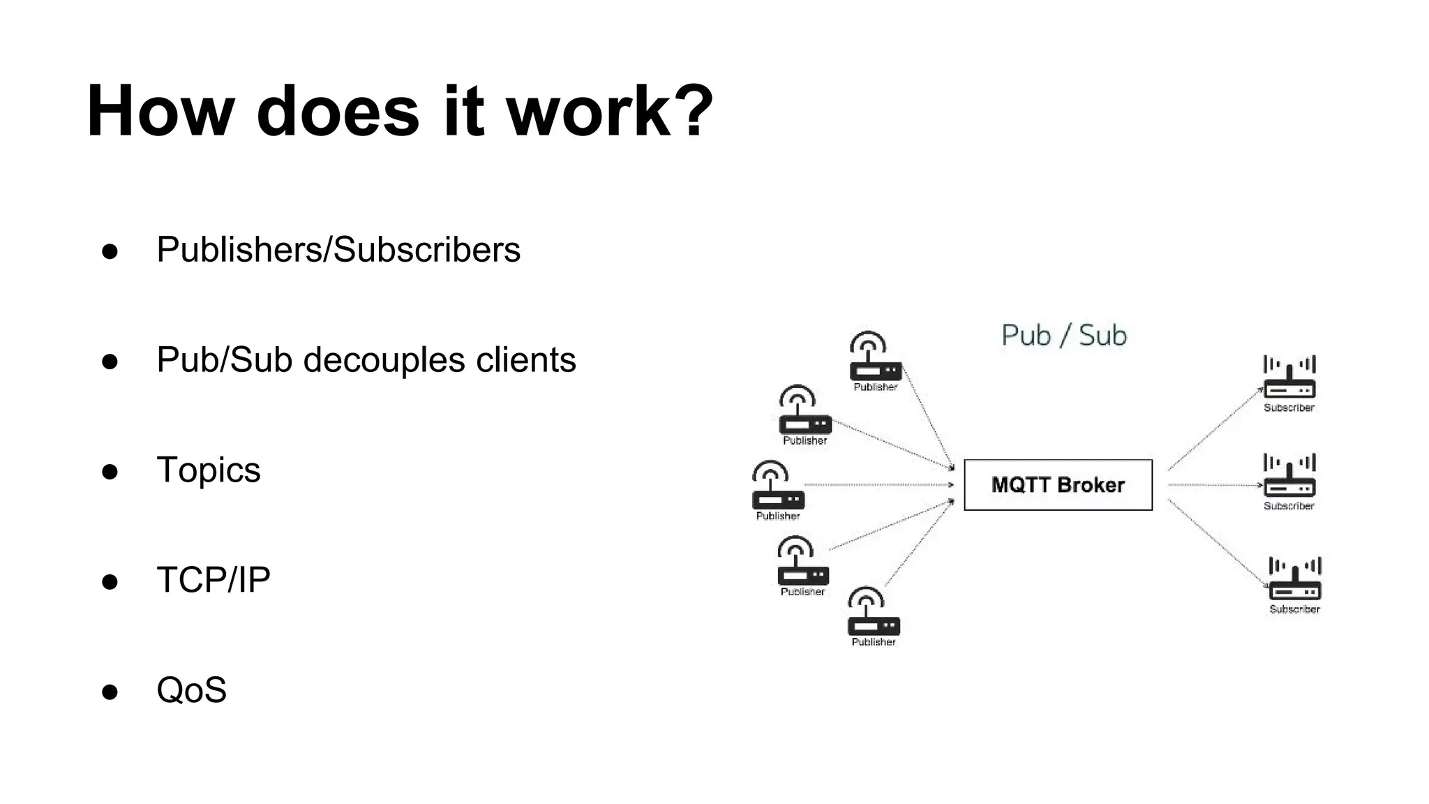 How does it work?
● Publishers/Subscribers
● Pub/Sub decouples clients
● Topics
● TCP/IP
● QoS
 