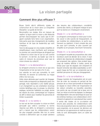 OUTIL
38 La vision partagee
Comment etre plus efficace ?
"O
o
c
13
Q
IX)
i-H
o
rM
ai
Q.
O
U
Bryan Smith decrit differents stades de
construction de la vision dans La Cinquieme
Discipline: Le guide de terrain.
ReconnaTtre ces stades, etre en mesure de
reperer la fagon dont la vision a ete elaboree
permet d'accompagner les sauts que le diri-
geant souhaite faire faire a son organisation.
Cela parle aussi des changements de modeles
mentaux et de type de leadership qui vont
s'imposer...
Voici le decoupage en cinq stades simplifies et
simplificateurs mais clarifiants qu'il propose.
Le premier est caracteristique du dirigeant qui
a elabore la vision seul et qui se voit comme
le sachant ; le dernier, du leader qui cree le
cadre et s'assure du processus pour que la
vision emane du collectif.
Stade 1 : « la declaration »
Le dirigeant annonce la vision de ce que sera
I'organisation et de ses buts d'ici X ans.
Les salaries ne sont pas consultes, ils sont
informes. Ils doivent se conformer, au risque
d'etre mis hors jeu.
Cette vision declaree peut susciter de I'engage-
ment si elle correspond a un diagnostic pose, non
partage, mais repondant a une realite pergue,
a un changement ou une orientation reconnue
comme benefique pour le groupe. La direction
explique, recherche I'adhesion au projet, donne
les raisons du choix, communique sur I'urgence
du defi a relever pour mobiliser les personnes et
limiter la passivite.
Stade 2 : « la vente »
Le but est de faire accepter la vision en etant
persuade que celle-ci constitue la bonne
reponse aux defis. Le dirigeant a conscience
qu'il a besoin que les collaborateurs soient
les plus engages possible. Des lors la vente
consiste a demontrer que ce projet satisfera
des besoins des collaborateurs consideres
comme des clients. Le dirigeant indique le sens
qu'il lui donne en s'impliquant sincerement.
Stade 3 : « la verification »
Le dirigeant communique la vision pour la tes-
ter, savoir si elle suscite de I'engouement, ce
qui mobilise les collaborateurs, ce qu'ils sou-
tiennent ou rejettent. II tient compte des avis
de ceux qu'il consulte, le plus souvent par
enquete ou en groupes, favorisant I'anonymat.
Stade 4 : « la consultation »
Le dirigeant recueille les propositions des colla-
borateurs avant de decider de la vision. II veut
obtenir des reponses de collaborateurs engages
qui proposent des options. Cela produit beau-
coup de matiere difficile a traiter, prend du
temps pour que les equipes s'en emparent et
fassent remonter des idees exploitables. Le diri-
geant risque de finir par un compromis qui ne
satisfait personne et cree peu d'engagement.
Stade 5 : « la co-creation »
Chaque membre de I'organisation est en posi-
tion de creer du nouveau en partant de ('ex-
pression de sa vision personnelle et d'exprimer
en equipe la raison d'etre de I'organisation et
les valeurs actuelles ou nouvelles associees.
Les points de vue circulent de la base vers le
haut, en retour et entre les equipes. Le dialogue
interdependant cree une dynamique et joue sur
les schemas mentaux. Les collaborateurs s'enri-
chissent et agissent en coproduisant leur avenir.
II existe des stades ou la co-creation est
encore plus poussee, les collaborateurs sont
force de proposition dans les systemes vivants
auto-organises, ou le pouvoir de decision est
distribue et ou apprenance et maitrise person-
nelle se sont developpees dans un cadre de
confiance.
- 120 -
 