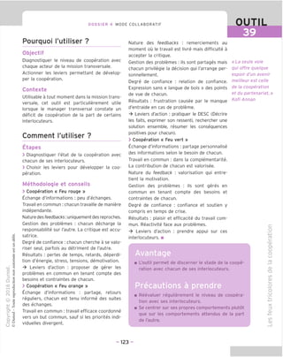 DOSSIER 4 MODE COLLABORATIF OUTIL
39
Pourquoi I'utiliser ?
Objectif
Diagnostiquer le niveau de cooperation avec
chaque acteur de la mission transversale.
Actionner les leviers permettant de develop-
per la cooperation.
Contexte
Utilisable a tout moment dans la mission trans-
versale, cet outil est particulierement utile
lorsque le manager transversal constate un
deficit de cooperation de la part de certains
interlocuteurs.
Comment I'utiliser ?
Etapes
> Diagnostiquer I'etat de la cooperation avec
chacun de ses interlocuteurs.
> Choisir les leviers pour developper la coo-
peration.
Methodologie et conseils
> Cooperation « Feu rouge »
Echange d'informations : peu d'echanges.
Travail en commun : chacun travaille de maniere
independante.
Nature des feedbacks: uniquement des reproches.
Gestion des problemes : chacun decharge la
responsabilite sur I'autre. La critique est accu-
satrice.
Degre de confiance : chacun cherche a se valo-
riser seul, parfois au detriment de I'autre.
Resultats : pertes de temps, retards, deperdi-
tion d'energie, stress, tensions, demotivation.
-> Leviers d'action : proposer de gerer les
problemes en commun en tenant compte des
besoins et contraintes de chacun.
> Cooperation « Feu orange »
Echange d'informations : partage, retours
reguliers, chacun est tenu informe des suites
des echanges.
Travail en commun : travail efficace coordonne
vers un but commun, sauf si les priorites indi-
viduelles divergent.
Nature des feedbacks : remerciements au
moment ou le travail est livre mais difficulte a
accepter la critique.
Gestion des problemes : ils sont partages mais
chacun privilegie la decision qui I'arrange per-
sonnellement.
Degre de confiance : relation de confiance.
Expression sans « langue de bois » des points
de vue de chacun.
Resultats : frustration causee par le manque
d'entraide en cas de probleme.
-> Leviers d'action : pratiquer le DESC (Decrire
les faits, exprimer son ressenti, rechercher une
solution ensemble, resumer les consequences
positives pour chacun).
> Cooperation « Feu vert »
Echange d'informations : partage personnalise
des informations selon le besoin de chacun.
Travail en commun : dans la complementarite.
La contribution de chacun est valorisee.
Nature du feedback : valorisation qui entre-
tient la motivation.
Gestion des problemes : ils sont geres en
commun en tenant compte des besoins et
contraintes de chacun.
Degre de confiance : confiance et soutien y
compris en temps de crise.
Resultats : plaisir et efficacite du travail com-
mun. Reactivite face aux problemes.
-> Leviers d'action : prendre appui sur ces
interlocuteurs. ■
«La seule voie
qui offre quelque
espoir d'un avenir
meilleur est celle
de la cooperation
et du partenariat.»
Kofi Annan
Avantage
L'outil permet de discerner le stade de la coope-
ration avec chacun de ses interlocuteurs.
Precautions a prendre
Reevaluer regulierement le niveau de coopera-
tion avec ses interlocuteurs.
Se centrer sur ses propres comportements plutot
que sur les comportements attendus de la part
de I'autre.
c
o
-I—>
fD
i—
-CD
Q.
O
O
U
CO
CD
■D
CO
CD
O
U
X
=3
CD
M—
CO
CD
- 123 -
 