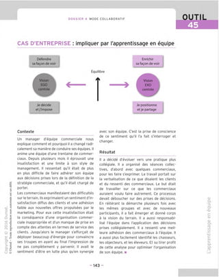 DOSSIER 4 MODE COLLABORATIF
CAS D'ENTREPRISE : impliquer par I'apprentissage en equipe
OUTIL
45
Defendre
sa fa^on de voir
Vision
EGO
centree
Je decide
et j'impose
Enrichir
sa fa^on de voir
Equilibre
Vision
EXO
centree
Je positionne
et je partage
Contexte
T3
O
C
ZJ
Q
«X)
i
o
fM
c
8
c
0
■v
3
■n
S
i"
1
£
CT I
o a
U Q
Un manager d'equipe commerciale nous
explique comment et pourquoi il a change radi-
calement sa maniere de conduire ses equipes. II
anime une equipe d'une trentaine de commer-
ciaux. Depuis plusieurs mois il eprouvait une
insatisfaction et une limite a son style de
management. II ressentait qu'il etait de plus
en plus difficile de faire adherer son equipe
aux decisions prises lors de la definition de la
strategie commerciale, et qu'il etait charge de
porter.
Les commerciaux manifestaient des difficultes
sur le terrain. Ms exprimaient un sentiment d'in-
satisfaction diffus des clients et une adhesion
faible aux nouvelles offres propulsees par le
marketing. Pour eux cette insatisfaction etait
la consequence d'une organisation commer-
ciale inappropriee et d'un manque de prise en
compte des attentes en termes de service des
clients. Jusqu'alors le manager s'efforgait de
deployer beaucoup d'energie pour convaincre
ses troupes en ayant au final I'impression de
ne pas completement y parvenir. II avait le
sentiment d'etre en lutte plus qu'en synergie
avec son equipe. C'est la prise de conscience
de ce sentiment qu'il I'a fait s'interroger et
changer.
Resultat
II a decide d'evoluer vers une pratique plus
collegiale. II a organise des seances collec-
tives, d'abord avec quelques commerciaux,
pour les faire s'exprimer. Le travail portait sur
la verbalisation de ce que disaient les clients
et du ressenti des commerciaux. Le but etait
de travailler sur ce que les commerciaux
auraient voulu faire autrement. Ce processus
devait deboucher sur des prises de decisions.
En reiterant la demarche plusieurs fois avec
les memes groupes et avec de nouveaux
participants, il a fait emerger et donne corps
a la vision du terrain. II a aussi responsabi-
lise I'equipe dans I'application des decisions
prises collegialement. II a ressenti une meil-
leure adhesion des commerciaux a I'equipe. II
a aussi plus facilement identifie les chasseurs,
les objecteurs, et les eleveurs. Et su tirer profit
de cette analyse pour optimiser I'organisation
de son equipe. ■
CD
o.
'=5
CJ
-d)
£=
CD
CD
C71
03
(/■)
•4—'
c
CD
i_
Q.
Q.
03
- 143 -
 