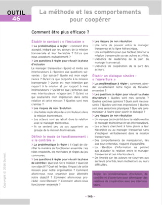 OUTIL
46
La methode et les comportements
pour cooperer
Comment etre plus efficace ?
"O
o
c
13
Q
IX)
i-H
o
rM
ai
Q.
O
U
Etablir le contact : « ('inclusion »
> La problematique a regler : comment etre
accepte, integre par les acteurs de la mission
transversale et leur hierarchie ? Est-ce que
nous acceptons mutuellement ?
> Les questions a regler pour reussir la phase
d'inclusion
Le manager transversal repond et invite ses
interlocuteurs a repondre aux questions sui-
vantes : Oui suis-je? Ouelle est mon expe-
rience ? Ou'est-ce que j'apporte a la mission
transversale ? Ouelle est mon intention par
rapport a la mission et par rapport a mes
interlocuteurs ? Ou'est-ce que j'aimerais que
mes interlocuteurs m'apportent ? Ou'est ce
qui soutiendra mon implication dans cette
relation et cette mission ? Ouelles sont mes
craintes ?
> Les risques de non resolution
- Une faible implication des contributeurs dans
la mission transversale.
- Les acteurs sont en retrait dans la relation
avec le manager transversal.
- Ms se sentent peu ou pas appartenir au
groupe de la mission transversale.
Definir le mode de fonctionnement :
« le contrdle »
> La problematique a regler : il s'agit de cla-
rifier la maniere de fonctionner ensemble : les
roles respectifs, les methodes et regies du jeu
communes.
> Les questions a regler pour reussir la phase
de contrdle : Ouel est notre mission ? Ouel est
son objectif ? Ouel est I'enjeu, I'impact de cette
mission pour notre organisation ? Comment
allons-nous nous organiser pour atteindre
notre objectif ? Comment allons-nous pro-
ceder concretement ? Comment allons-nous
fonctionner ensemble ?
> Les risques de non resolution
- Une lutte de pouvoir entre le manager
transversal et la ligne hierarchique.
- Une competition pour que I'acteur priorise la
mission transversale ou ses autres activites.
- L'absence de leadership de la part du
manager transversal.
- L'absence de cooperation de la part des
acteurs.
Etablir un dialogue sincere :
« I'ouverture »
> La problematique a regler : comment abor-
der ouvertement notre fagon de travailler
ensemble ?
> Les questions a regler pour reussir la phase
d'ouverture : Ouelles sont mes pensees ?
Ouelles sont mes opinions ? Ouels sont mes res-
sentis ? Ouelles sont mes impressions ? Ouelles
sont mes sensations physiques ? Oue vais com-
muniquer a I'autre pour ouvrir le dialogue ?
> Les risques de non resolution
- Un manque de sincerite dans la relation entre
le manager transversal et ses interlocuteurs.
- Les acteurs cherchent a faire plaisir a leur
hierarchie ou au manager transversal sans
s'impliquer veritablement dans la mission
transversale.
- Des comportements de manipulation, lies
aux sous-entendus, risquent d'apparaitre.
- La retention d'information ne permet
pas d'ajuster la relation entre le manager
transversal et ses interlocuteurs.
- De I'inertie car les acteurs ne s'ouvrent pas
sur leurs priorites, leurs motivations ou leurs
difficultes.
Regler les problematiques d'inclusion, de
contrdle et d'ouverture pour developper des
relations de cooperation avec ses interlocu-
teurs.
- 146 -
 