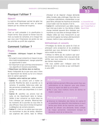 DOSSIER 5 EFFICIENCE MANAGERIALE OUTIL
53
Pourquoi I'utiliser ?
Objectif
La matrice d'Eisenhower permet de gerer les
priorites avec discernement sans se laisser
seduire par les sirenes de I'urgence.
Contexte
C'est un outil prealable a la planification a
moyen terme. Vous pouvez la reviser tous les
mois ou toutes les semaines, et a chaque fois
que vous avez Timpression de perdre de vue
vos priorites au profit des urgences.
Comment I'utiliser ?
Etapes
> Prealable : distinguez I'urgent de Timpor-
tant.
- Est urgent ce qui comporte un risque a ne pas
etre traite immediatement: danger potentiel
ou opportunite a saisir.
- Est important ce qui contribue directement a
nos objectifs et missions essentielles.
> Repartissez vos taches dans la matrice.
Notez I'integralite de ce que vous avez a faire
en repartissant les taches au fur et a mesure
dans le cadran approprie.
> Exploitez votre matrice par cadran.
- Cadran A : ces actions sont a traiter en
priorite. Planifiez-les dans la journee ou la
semaine. Si possible, faites-vous aider par
des personnes competentes... mais acceptez
qu'elles ne soient pas disponibles a si court
terme.
- Cadran B : planifiez ces actions tout de
suite, en les repartissant dans le temps.
Veillez a leur consacrer au moins deux ou
trois creneaux par semaine. Reservez-leur
les moments de la journee ou vous etes le
plus efficace. Vous avez le temps d'organiser
la delegation de certains dossiers.
- Cadran C : c'est sur ce cadran que vous pou-
vez economiser le plus de temps. Attention
aux urgences des autres. Ayez le reflexe
d'evaluer et de negocier chaque demande
(delai, livrable, aide, arbitrage). Osez dire non
a certaines sollicitations, standardisez ce qui
peut I'etre, anticipez les imprevus et renoncez
a tout traiter (voir les dossiers 4 et 5).
- Cadran D : contrairement aux idees regues,
tout n'est pas a jeter ici. Ces taches a faible
charge mentale peuvent etre realisees aux
moments ou vous etes en energie faible. Pri-
vilegiez celles qui vous ressourcent ou qui
vous feront gagner du temps ulterieurement
(classer, mettre a jour, automatiser).
Methodologie et conseils
> Privilegiez les taches de cadran B. C'est en
anticipant votre production et les problemes
potentiels que vous donnerez de I'oxygene a
votre emploi du temps.
> Utilisez le meme jeu de couleurs que pour
vos missions essentielles. Cela vous permet de
verifier que vous consacrez a chacune d'elle
des taches importantes.
> Ne vous oubliez pas ! Indiquez aussi les
taches de votre vie privee ou qui contribuent
a votre OPP.
« L'essentiel est
sans cesse menace
par I'insignifiant. »
Rene Char
Avantages
Cette matrice permet d'etre plus serein face aux
sollicitations et de negocier avec plus d'assu-
rance un report de delai ou un livrable.
Peu a peu, nous traitons moins de taches en
mode « pompier ».
Precautions a prendre
Amorcez la realisation des taches de cadran B
en planifiant des objectifs intermediaires a court
terme pour eviter de les reporter sans cesse.
Avant de refuser une demande, tenez compte
du risque personnel, notamment lorsque la
demande vient de la hierarchie.
to
-O)
co
CD
TD
CD
CJ
CD
£
CD
- 167 - suite OUTIL 53
 