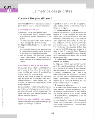 OUTIL
53 La matrice des priorites
Comment etre plus efficace ?
"O
o
c
13
Q
IX)
i-H
o
rM
ai
Q.
O
U
La matrice d'Eisenhower est un outil de pilotage
parmi d'autres pour se consacrer a I'essentiel.
Choisissez vos criteres
Vous pouvez croiser d'autres indicateurs ;
- Les responsables securite croisent I'impact
de gravite d'un accident potentiel avec la fre-
quence.
- Les commerciaux croisent le chiffre d'affaires
actuel et le potentiel de leurs clients.
Un diagramme a bulles permet de croiser trois
criteres.
- Un responsable d'usine croise le pourcentage
de retours clients (image), le cout du produit
et le volume que represente ce produit.
- Pour la gestion des imprevus croisons
I'impact operationnel, la frequence et la
duree moyenne de traitement (exemple ci-
contre).
Choisissez la valeur de vos axes
La valeur par defaut est zero. L'interet de chan-
ger la valeur de I'axe est de donner un repere
visuel immediat par rapport a un objectif ou
une norme qui fait sens pour vous.
Dans le diagramme a bulles des imprevus,
I'axe horizontal est la frequence des occur-
rences par mois. La valeur retenue est 4 : sur
la droite, les imprevus surgissent plus d'une
fois par semaine.
La valeur de I'axe vertical se situe a la mediane
de I'indice, qui n'est qu'une pure convention :
au-dessus, I'impact est fort, au-dessous il est
faible (vous avez done plus de souplesse pour
decider de son traitement).
Definissez vos strategies par cadran
Chaque cadran souleve une problematique qui
appelle une strategic specifique.
Cependant, il peut y avoir des exceptions a
votre modele, comme le montre I'exemple de
I'imprevu de type E.
> 1er
cadran : actions preventives.
Planifiez un temps pour traiter en profondeur
la cause de ce type d'imprevus afin de les era-
diquer (e'est une action du cadran B de votre
matrice d'Eisenhower !). Pour savoir dans quel
ordre les prendre, tenez compte du temps que
leur eradication vous fera gagner : commencez
par les imprevus de type B qui representent
960 minutes par mois, puis ceux de type C qui
en representent 360. Vous vous occuperez de
ceux de type A en dernier. Moins frequents,
ils ne representent que 225 minutes. En atten-
dant, vous ferez comme avant, vous les traite-
rez au cas par cas.
> 2e
cadran : ajustez le pourcentage de temps
reserve aux imprevus.
La frequence est telle que ces imprevus font
partie des imponderables de votre fonction. Ten-
ez-en compte dans le calcul de votre pourcen-
tage d'imprevus et vos marges de manceuvre.
Exception : I'imprevu de type E, dont la fre-
quence multipliee par la duree a un impact
fort sur votre emploi du temps (a defaut d'un
impact operationnel). Traitez-le comme un
imprevu du 1er
cadran et cherchez des solu-
tions pour I'eradiquer ou le reduire.
> 3e
cadran : ne faites rien.
Ils ne valent pas I'investissement d'un traite-
ment preventif. Lorsqu'ils apparaitront, soit ils
se glisseront dans la flexibilite de votre agenda,
soit vous deciderez de ne pas en tenir compte.
> 4e
cadran : traitez les imprevus au cas par
cas lorsqu'ils arrivent.
En fonction de leur impact et de la duree pre-
visible, vous choisirez de les traiter immediate-
ment ou dans un delai court compatible avec
vos autres priorites.
- 168 -
 