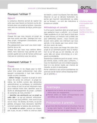 DOSSIER 5 EFFICIENCE MANAGERIALE OUTIL
59
Pourquoi I'utiliser ?
Objectif
La presence attentive permet de reperer les
actes que nous faisons en tensions ou les dis-
torsions dans nos projets et actions : nous pou-
vons alors les reorienter de fagon unitive pour
nous.
Contexte
Chaque fois que nous langons un projet ou
que nous avons une idee : pilotage d'un nou-
veau projet, changement d'orientation, prise
de nouveau poste...
Plus globalement, pour avoir une vision mobi-
lisatrice de sa vie.
Chaque fois que nous nous sentons demo-
bilises, faire I'exercice nous permet de com-
prendre quelle est la cle de Faction unitive qui
n'est pas en coherence avec les autres.
Comment I'utiliser ?
Etapes
Nous decrivons ici les etapes pour la reali-
sation d'un projet professionnel, mais elles
peuvent correspondre a tout type d'action,
simple ou plus complexe.
1. Definir I'image : visualiser le projet et notre
vision. En cerner les contours : le projet lui-
meme, les a-cotes comme des demarches
administratives ou juridiques, la constitution
d'un reseau et tout ce qui est necessaire mais
qu'on maTtrise moins bien. Identifier aussi la
duree du developpement du projet : combien
de semaines, de mois, d'annee ?
2. Identifier ses sentiments sur ce projet ou
cette idee : ce qui est plaisant, enthousias-
mant, ce que vous preferez ; mais aussi ce qui
est en creux : les doutes, les freins, ce qui est
penible, ennuyeux mais necessaire. Identifier
comment penche la balance des sentiments.
3. Se mettre en action : avancer par etapes,
pas a pas, ne pas « mettre la charrue avant
les bceufs », savoir se preparer, faire des tests.
Observer ce qui se deroule facilement, les
portes qui s'ouvrent naturellement ou celles
qui se ferment : ce sont des indications a
prendre en compte.
Methodologie et conseils
II arrive qu'on s'aventure dans un projet parce
que quelqu'un nous a sollicite ; on a trouve
I'idee excellente et on s'est lance a fond dans
la belle histoire, et I'histoire s'est arretee vite
pour differentes raisons : nous n'avions pas
ecoute notre petite voix interieure qui nous
alertait, ni les doutes que nous avions chas-
ses d'un revers de main...
Parfois, nous avons une image tres claire d'un
projet et un sentiment positif, mais la realisa-
tion ne se fait pas ou est retardee, car une
autre idee est venue entre-temps et a rem-
place la precedente.
Ouand nous n'adherons pas a un projet - ennui,
pas d'envie, doute, crainte, peur, confusion... -
nous ne reussissons pas a le conduire jusqu'au
bout ni a lui donner toutes ses chances de
reussite, ou alors a grand-peine.
Porter attention a ses actions quotidiennes du
point de vue de Faction unitive engrange ener-
gie et serenite. ■
«Certains revent
d'incroyables reali-
sations,
pendantque
d'autres restent
eveilles et les font»
Goethe
Avantages
Apporte de la clarte, de la force et de la perma-
nence dans son engagement.
Permet d'etre en totale correspondance avec
soi-meme, ses choix, ses actions.
Precaution a prendre
Les trois cles fonctionnent en structure, I'une ne
va pas sans Fautre : il serait illusoire de ne se
pencher que sur une ou deux des trois.
O)
>
c
=5
C
o
-I—'
ro
(/)
-CD
I—
fD
- 183 -
 