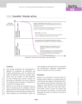 DOSSIER 6 EXCELLENCE RELATIONNELLE & COACHING OUTIL
66
CAS : travailler I'ecoute active
Intensite
des emotions
OJ
<o
a.
aj
L_
OJ
cr
k—
en u £
LJ
H TJ .2
3 1_ -*-1
O 3 O
u p E
■Ld Q. -ai
OJ
<o
Q.
Q; oj
t >
t; 11
uj t .2
^ o -
o a OJ
Laisser I'interlocuteur vider son sac, sans I'interrompre ni
anticiper ce qu'il va dire, en ecoutant attentivement et avec
empathie (sincerite).
Si I'intensite de ses emotions est telle qu'il n'arrive pas a les
exprimer, le questionner sur ce qu'il ressent.
Reformuler son ressenti.
Accuser reception de son point de vue ou de ses emotions,
ce qui ne signifie pas «je suis d'accord avec vous ».
Le questionner sur des elements factuels et concrets
(questionnement de type Quoi ? Ou ? Ouand ? Comment ?).
Rechercher avec lui une solution gagnant-
gagnant au probleme qui est a I'origine de
I'emotion.
Alerter ou aiguiller vers un autre interlocuteur
si le probleme depasse notre competence ou si
I'on n'est pas en mesure de le trailer seul
Capacite a raisonner et a echanger rationnellement
Contexte
Une grande entreprise de maroquinerie a
deploye un programme de prevention des
risques psychosociaux, avec la creation d'un
poste de referents. Ainsi des salaries volon-
taires, issus de secteurs et sites differents
ont ete nommes pour pouvoir recevoir les
personnes en difficultes. Les futurs referents
ont beneficie d'une formation a I'empathie et
notamment a I'ecoute active.
Romain n'a pas hesite a se proposer pour ce
role car beaucoup de ses collegues viennent
deja le voir pour qu'il les aide a se sentir mieux.
Mais Romain a conscience de ses limites et cer-
taines situations ont ete difficiles a gerer car
trop chargees en emotions. Dans ces moments
ses interlocuteurs rejetaient systematique-
ment les solutions qu'il leur proposait.
Resultats
Romain a pu s'entrainer a I'ecoute active en
utilisant I'outil ci-dessus. II a compris que la pri-
orite etait de faire baisser I'intensite de I'emo-
tion ressentie avant d'amener I'autre dans une
logique de rationalisation et de resolution de
probleme. Mais aussi qu'il etait plus impor-
tant d'aider I'autre a cerner son besoin que
de lui proposer une solution. II sait qu'il peut
demander de I'aide si lui-meme n'arrive pas a
se distancer. ■
CD
Z3
CJ
fD
Q.
£
CD
CD
TO
=5
fD
- 209 -
 