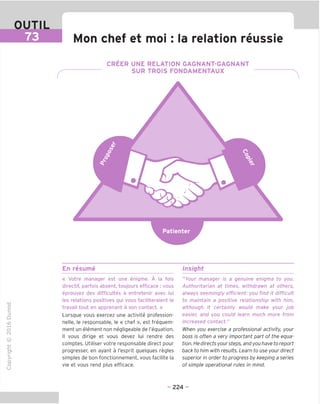 OUTIL
73 Mon chef et moi: la relation reussie
CREER UNE RELATION GAGNANT-GAGNANT
SUR TROIS FONDAMENTAUX
En resume Insight
"O
o
c
13
Q
IX)
i-H
o
rM
ai
Q.
O
U
« Votre manager est une enigme. A la fois
directif, parfois absent, toujours efficace : vous
eprouvez des difficultes a entretenir avec lui
les relations positives gui vous faciliteraient le
travail tout en apprenant a son contact. »
Lorsque vous exercez une activite profession-
nelle, le responsable, le « chef », est frequem-
ment un element non negligeable de I'equation.
II vous dirige et vous devez lui rendre des
comptes. Utiliser votre responsable direct pour
progresser, en ayant a I'esprit quelques regies
simples de bon fonctionnement, vous facilite la
vie et vous rend plus efficace.
"Your manager is a genuine enigma to you.
Authoritarian at times, withdrawn at others,
always seemingly efficient: you find it difficult
to maintain a positive relationship with him,
although it certainly would make your job
easier, and you could learn much more from
increased contact."
When you exercise a professional activity, your
boss is often a very important part of the equa-
tion. He directs yoursteps, and you have to report
back to him with results. Learn to use your direct
superior in order to progress by keeping a series
of simple operational rules in mind.
- 224 -
 