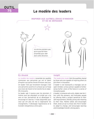 OUTIL
75 Le modele des leaders
INSPIRER AUX AUTRES L'ENVIE D'INNOVER
ET DE SE DEPASSER
Je vois les premiers pas
qu'on pourrait faire
ensemble pour aller
dans cette direction.
c
En resume Insight
"O
o
c
ZJ
Q
IX)
i-H
o
rM
ai
Q.
O
U
Le modele des leaders rassemble les qualites
communes aux personnes qui ont le talent
d'inspirer aux autres I'envie d'innover avec eux.
Un leader n'est pas forcement manager. C'est
une personne ouverte et curieuse qui se forge
une vision de I'avenir et la transforme en objec-
tifs innovants.
Le leader agit. II avance avec les pionniers. II
motive ceux qui attendent un projet qui a du
sens et leur permettrait de se developper. II
encourage et valorise. II reste disponible pour
ceux qui ont plus de mal a s'approprier les
changements. II developpe I'apprenance et le
transfert d'experience entre pairs.
The leadership model lists the qualities shared
by those who are capable of inspiring others to
join them in innovation.
A leader is not necessarily a manager, but an
open-minded, curious person capable of embo-
dying his/her vision of the future in a series of
innovative goals.
A leader is someone who acts, stakes new terri-
tory with the pioneers, and motivates people
by offering them a project beneficial to their
self-improvement, thereby giving new meaning
to their lives. He/she values and encourages
them, lends an ear to those who find it harder
to adapt to change, and encourages learning
and knowledge transfer among peers.
- 232 -
 