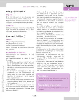 DOSSIER 7 LEADERSHIP & INFLUENCE OUTIL
76
Pourquoi I'utiliser ?
Objectif
Creer de I'adhesion en tenant compte des
craintes exprimees par ses interlocuteurs.
Responsabiliser ses interlocuteurs dans I'elabo-
ration des solutions en les faisant s'exprimer.
Contexte
Lorsque le manager transversal est confronte
a des resistances de la part des acteurs impli-
ques dans la mission transversale.
Comment I'utiliser ?
Etapes
> Diagnostiquer les resistances.
> Comprendre leurs causes.
> Identifier les comportements.
> Faire s'exprimer les resistances et trouver
des solutions.
Methodologie et conseils
1. Diagnostiquer les resistances de ses
interlocuteurs
Les resistances peuvent se classer en trois
families :
- les resistances cognitives : elles s'expriment
par un rejet qui est motive par la crainte de
perdre de I'autonomie ou des responsabilites.
Les enjeux positifs du changement ne sont
pas pergus ;
- les resistances sociologiques : elles se
manifestent par une comprehension de
I'enjeu mais par une vision negative des
benefices du changement : « OK mais ce
n'est pas pour nous » ;
- les resistances pedagogiques: les interlocuteurs
adherent mais ont besoin d'etre rassures sur
leur competence.
2. Identifier les comportements exprimant une
resistance pour apporter des reponses adaptees
Les resistances s'expriment a travers 6 types
de comportements :
- I'evitement et la recherche du refuge :
les interlocuteurs ne repondent pas aux
differentes sollicitations ou se refugient
derriere I'excuse d'un manque de temps ;
- I'expression de prejuges ou de generalisations:
ils deforment les demandes et ne montrent
que les aspects negatifs d'un nouveau
process ;
- la frenesie et la fuite en avant : ils restent
mures dans un silence ou au contraire
parlent beaucoup en evitant les vrais sujets ;
- la tetanie ou la panique : ils ont peur et font
des erreurs inhabituelles ;
- I'obsession de I'adversite : des plaintes sont
exprimees a chaque sollicitation ;
- la critique et la designation de coupables :
dans vos reunions, un flot de critiques sont
versees et des coupables sont designes pour
expliquer les difficultes liees au changement.
3. Faire exprimer les resistances et trouver des
solutions
II s'agit d'organiser un plan de discussion adapte
permettant de faire emerger les craintes. Les
questions permettent de :
- comprendre la representation de son
interlocuteur. Comment voyez-vous la
situation ? Si la situation etait un paysage
quel serait-il ?
- cerner ce qui manque pour que I'adhesion
existe et viser un changement simple a
mettre en ceuvre. Imaginons que le process
vous convienne parfaitement ; que doit-il
contenir ? A minima, que faut-il faire pour
que nous avancions ensemble ? ■
«On ne s'appuie que
sur ce qui resiste ».
Frangois Andrieux
phi
Permet de lever les resistances implicites et
explicites a I'occasion de changements.
Precaution a prendre
Ne pas confondre strategic d'influence et mani-
pulation.
CD
U
c
CD
=5
"a
O)
c?
-cu
-4—>
CD
-4—'
CO
(T3
- 235 -
 