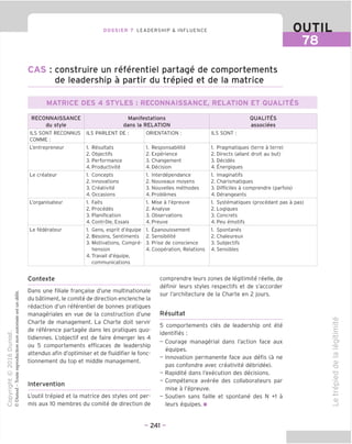 DOSSIER 7 LEADERSHIP & INFLUENCE
CAS : construire un referentiel partage de comportements
de leadership a partir du trepied et de la matrice
MATRICE DES 4 STYLES : RECONNAISSANCE, RELATION ET QUALITES
RECONNAISSANCE
du style
Manifestations
dans la RELATION
QUALITES
associees
ILS SON! RECONNUS
COMME:
ILS PARLENT DE : ORIENTATION : ILS SONT :
L'entrepreneur 1. Resultats
2. Objectifs
3. Performance
4. Productivite
1. Responsabilite
2. Experience
3. Changement
4. Decision
1. Pragmatiques (terre a terre)
2. Directs (allant droit au but)
3. Decides
4. Lnergiques
Le createur 1. Concepts
2. Innovations
3. Creativite
4. Occasions
1. Interdependance
2. Nouveaux moyens
3. Nouvelles methodes
4. Problemes
1. Imaginatifs
2. Charismatiques
3. Difficiles a comprendre (parfois)
4. Derangeants
L'organisateur 1. Faits
2. Precedes
3. Planification
4. Controle, Essais
1. Mise a I'epreuve
2. Analyse
3. Observations
4. Preuve
1. Systematiques (procedant pas a pas)
2. Logiques
3. Concrets
4. Peu emotifs
Le federateur 1. Gens, esprit d'equipe
2. Besoins, Sentiments
3. Motivations, Compre-
hension
4. Travail d'equipe,
communications
1. Epanouissement
2. Sensibilite
3. Prise de conscience
4. Cooperation, Relations
1. Spontanes
2. Chaleureux
3. Subjectifs
4. Sensibles
Contexte
hj Dans une filiale frangaise d'une multinationale
^ du batiment, le comite de direction enclenche la
§ redaction d'un referential de bonnes pratiques
I manageriales en vue de la construction d'une
•c Charte de management. La Charte doit servir
. I de reference partagee dans les pratiques quo-
o § tidiennes. L'objectif est de faire emerger les 4
^ g ou 5 comportements efficaces de leadership
^ | attendus afin d'optimiser et de fluidifier le fonc-
o 1 tionnement du top et middle management.
(N |-
(y) |
4
"' £
Intervention
"il
ci § L'outil trepied et la matrice des styles ont per-
u @ mis aux 10 membres du comite de direction de
V
CD
comprendre leurs zones de legitimite reelle, de
definir leurs styles respectifs et de s'accorder
sur I'architecture de la Charte en 2 jours.
Resultat
5 comportements cles de leadership ont ete
identifies :
- Courage managerial dans I'action face aux
equipes.
- Innovation permanente face aux defis (a ne
pas confondre avec creativite debridee).
- Rapidite dans I'execution des decisions.
- Competence averee des collaborateurs par
mise a I'epreuve.
- Soutien sans faille et spontane des N +1 a
leurs equipes. ■ _i
CD
"D
- 241 -
 