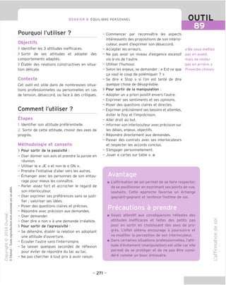 89
DOSSIER 8 EOUILIBRE PERSONNEL
Pourquoi I'utiliser ?
Objectifs
> Identifier les 3 attitudes inefficaces.
> Sortir de ses attitudes et adopter des
comportements adaptes.
> Etablir des relations constructives en situa-
tion delicate.
Contexte
Get outil est utile dans de nombreuses situa-
tions professionnelles ou personnelles en cas
de tension, desaccord, ou face a des critiques.
Comment I'utiliser ?
Etapes
1. Identifier son attitude preferentielle.
2. Sortir de cette attitude, choisir des axes de
progres.
Methodoloqie et conseils
> Pour sortir de la passivite :
- Oser donner son avis et prendre la parole en
reunion.
- Utiliser le « JE » et non le « ON ».
- Prendre I'initiative d'aller vers les autres.
- Echanger avec les personnes de son entou-
rage pour mieux les connaitre.
- Parler assez fort et accrocher le regard de
son interlocuteur.
- Oser exprimer ses preferences sans se justi-
fier; valoriser ses idees.
- Poser des questions claires et precises.
- Repondre avec precision aux demandes.
- Oser demander.
- Oser dire « non » a une demande irrealiste.
> Pour sortir de I'agressivite :
- Se detendre, etablir la relation en adoptant
une attitude d'ouverture.
- Ecouter I'autre sans I'interrompre.
- Se laisser quelques secondes de reflexion
pour eviter de repondre du tac au tac.
- Ne pas chercher a tout prix a avoir raison.
- Commencer par reconnaTtre les aspects
interessants des propositions de son interlo-
cuteur, avant d'exprimer son desaccord.
- Accepter les erreurs.
- Ne pas avoir un niveau d'exigence excessif
vis-a-vis de I'autre.
- Utiliser I'humour.
- Selon les enjeux, se demander: « Est-ce que
ga vaut le coup de polemiquer ? »
- Se dire « Stop » si Ton est tente de dire
quelque chose de desagreable.
> Pour sortir de la manipulation :
- Adopter un a priori positif envers I'autre.
- Exprimer ses sentiments et ses opinions.
- Poser des questions claires et directes.
- Exprimer precisement ses besoins et attentes,
eviter le flou et I'imprecision.
- Aller droit au but.
- Informer son interlocuteur avec precision sur
les delais, enjeux, objectifs.
- Repondre directement aux demandes.
- Passer des contrats avec ses interlocuteurs
et respecter les accords conclus.
- S'engager personnellement.
- Jouer « cartes sur table ». ■
«Ne vous mettez
pas en avant,
mais ne restez
pas en arriere.»
Proverbe chinois
Avantage
■ [.'affirmation de soi permet de se faire respecter,
de se positionner en exprimant ses points de vue,
souhaits. Cette approche favorise un echange
gagnant-gagnant et renforce I'estime de soi.
■ Soyez attentif aux consequences nefastes des
attitudes inefficaces et faites des petits pas
pour en sortir en choisissant des axes de pro-
gres. L'effet obtenu encourage a poursuivre et
va modifier la perception de son interlocuteur.
■ Dans certaines situations professionnelles, I'atti-
tude d'evitement (manipulation) est utile car elle
permet de se proteger et de ne pas etre consi-
dere comme un bouc emissaire.
o
t/)
CD
"D
C
o
U—'
fD
E
CD
- 271 -
 