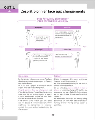 OUTIL
^K1 L'esprit pionnier face aux changements
EIRE ACTEUR DU CHANGEMENT
POUR APPRIVOISER L'INCONNU
Pour
Passif
A
Attentiste
O
Je demande en quoi
je peux etre utile au
changement.
Sceptique
J'interroge pour m'approprier
e sens du changement.
J'alertesur mes doutes
de fagon constructive
Pionnier
Je me propose pour faire les
premiers tests ou prendre en
charge une mission Nee au
changement.
w
CV
Opposant
Je m'interdiscette
posture non constructive
Actif
L/
Centre
En resume Insight
"O
o
c
ZJ
Q
IX)
i-H
o
CM
ai
Q.
O
U
Le changement est devenu la norme. Pourtant,
regulierement, nous nous prenons en flagrant
delit de lui resister.
Or, il y a plus a gagner a embarquer des le
depart dans le train du changement.
L'esprit pionnier face au changement est
d'abord une attitude d'accueil du changement,
mais aussi de nos propres doutes et peurs.
C'est en les regardant en face que nous pour-
rons les relativiser et les depasser.
C'est ensuite dans I'action (les lers tests)
que nos doutes et peurs s'evacueront. Notre
experience les transformera en enseigne-
ments a tirer pour faciliter le deploiement du
changement.
Change is nowadays the norm: surprisingly,
however, we still tend to resist it.
We could gain more by jumping on the "train of
change" from its departure.
We can cultivate a pioneer attitude in front of
change by welcoming change while tackling our
doubts and our fears. By boldly facing change
we can learn to view it in perspective and go
beyond it.
We then release our doubts and fears by acting.
Experience can turn them into lessons to be
learned, thereby making change easier to
assimilate.
- 28 -
 