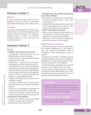 DOSSIER 8 EOUILIBRE PERSONNEL
Pourquoi I'utiliser ?
Objectif
En nous affranchissant de la tyrannic de nos
diablotins, nous nous donnons la permission
d'agir differemment pour sortir la tete de I'eau.
Contexte
La presence de nos diablotins se decele a plu-
sieurs indices : des emotions negatives comme
la peur, le stress, une lourdeur; les injonctions
du type « il taut », « je dois » ; les croyances
limitantes telles gue « je ne peux pas » ou
« c'est impossible ».
Comment I'utiliser ?
Etapes
> Identifiez vos injonctions recurrentes.
- « Sois sympa ! » vous incite a dire « oui » au
detriment de vos propres priorites.
- « Ne t'arrete pas ! » vous enjoint de tout faire
parfaitement sans repit.
- « Papillonne ! » vous invite a commencer
mille choses en meme temps sans les finir.
- « Pendules folles » sous-estime les delais de
realisation. Vous prenez trop d'engagements.
- « Sancho Panga » a peur des responsabilites,
« On » les dilue,« Marmotte » se refugie dans
le reve et « Hibou » a peur de se tromper de
decision. Ils vous empechent d'agir.
- « Cigale » n'anticipe pas et vous fait courir
au dernier moment.
- « 36 fois la meme chose » ne tire pas les
legons du passe. Vous commettez les memes
erreurs.
- « Sois fort » vous empeche de demander de
I'aide et vous enfonce dans I'inefficacite.
- « Tu verras bien demain » reporte sans cesse
les taches qui vous ennuient ou vous genent.
> Personnifiez votre diablotin.
- Imaginez une creature qui serait le produit
de toutes vos injonctions inefficaces.
- Donnez-lui un nom et dessinez-la.
99
> Dialoguez avec votre diablotin lorsque vous
vous sentez inefficace.
- Remerciez-le, et transformez ses injonctions
en points de vigilance (dire « non » avec
diplomatie, etc.).
- Le diablotin ne voit pas plus loin que le bout
de son nez. Montrez-lui la vision de votre
objectif d'efficacite a plus long terme.
> Prenez votre decision librement.
- Faites un choix rationnel. Votre diablotin est
plus peureux ou insouciant que vous, car il
appartient au monde de votre enfance.
- Choisissez - ou non ! - de tenir compte de son
alerte sans renoncer a votre objectif.
Methodologie et conseils
> Commencez par des situations a faible enjeu.
Par exemple, desobeissez a « Sois sympa »
avec une personne bienveillante. Sinon, il
triomphera si votre interlocuteur fronce les
sourcils.
> Savourez vos victoires, constatez que vos
nouvelles pratiques n'ont pas de consequence
dramatique. Accumulez les preuves qui desa-
morcent le pouvoir de votre diablotin.
> Progressivement, augmentez votre prise de
risque sur des situations a plus fort enjeu.
> En cas d'echec, n'abandonnez pas : revisitez
les situations ou agir differemment vous a per-
mis d'etre plus efficace. Relativisez I'echec au
regard du benefice obtenu par ailleurs.
«Si tu es en peine a
cause d'une chose
exterieure, ce n'est
pas cette chose qui
te trouble, c'est le
jugement que tu
portes sur elle.»
Marc Aurele
Avantage
L'externalisation de nos vieilles croyances sous
forme de diablotins nous permet de retrouver
notre libre-arbitre pour faire des choix bases non
sur nos peurs mais sur nos objectifs.
Precaution a prendre
ne s'agit pas de museler votre diablotin. Ses
alertes peuvent etre utiles.
CO
c
O
'</)
CO
E
CD
CL
-t—<
CD
CO
_c
-I—•
O
-Q
Q
- 297 - suite OUTIL^->
 