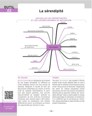 OUTIL
La serendipite
ACCUEILLIR LES OPPORTUNITES
ET LES LAISSER NOURRIR SA MOTIVATION
reussite
decouvertes accidentelles
imagination
opportunites
succes
audace
sagacite
curiosite
Serendipite
confiance
presence
regard
lacher-prise
guestions
pleme conscience
pause creative
nouvel apprentissage
de ('experience
attitude positive
En resume Insight
"D
O
C
Z5
Q
CD
o
fN
a
.Sttp://goo.gl/bzk6TB
a
U
En savoir plus
(en video)
La serendipite est un neologisme qui provient
du mot anglais serendipity, en reference au
conte initiatique persan Les trois princes de
Serendip. Designant la faculte de faire des
decouvertes inattendues par hasard, ce terme
revet de multiples interpretations. A partir
d'un etat d'esprit optimiste, c'est une atti-
tude permettant de s'adapter aisement au
changement, de tirer profit de circonstances
imprevues, pour prendre plaisir a etre pleine-
ment acteur du changement. Une maniere
differente de nourrir sa motivation au travers
des opportunites qui viennent a nous...
The word "serendipity" was created in 1754 by
English writer Horace Walpole after he read a
Persian tale of initiation chronicling the journey
of the "three princes of Serendip". Designating
the talent for making unexpected chance
discoveries, the term has several connotations.
Starting with an optimistic outlook, the "seren-
dipity attitude" helps us easily adapt to change,
taking advantage of unforeseen circumstances.
It is a different way of nourishing our motiva-
tion, taking advantage of opportunities as they
present themselves...
- 70 -
 