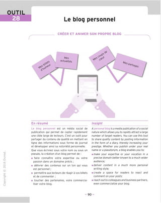 OUTIL
28 Le blog personnel
CREER ET ANIMER SON PROPRE BLOG
6*
=>
Mes
 ac
tualites
Psrt
ages
En resume Insight
TD
O
C
=!
Q
o
fN
-C
>■
CL
O
u
Le blog personnel est un media social de
publication qui permet de capter rapidement
une cible large de lecteurs. C'est un outil pour
partager du contenu de qualite en mettant en
ligne des informations sous forme de journal
et developper ainsi sa notoriete personnelle.
Cue vous ecriviez sous votre nom ou sous un
pseudo, la creation d'un blog permet de :
■ faire connaitre votre expertise ou votre
passion dans un domaine precis ;
■ delivrer des contenus sur un ton qui vous
est personnel ;
■ permettre aux lecteurs de reagir a vos billets
et de commenter ;
■ toucher des partenaires, voire commercia-
liser votre blog.
A personal blog is a media publication of asocial
nature which allows you to rapidly attract a large
number of target readers. You can use this tool
to share quality content by posting information
in the form of a diary, thereby increasing your
prestige. Whether you publish under your real
name or a pseudonym, a blog enables you to:
mmake your expertise or your vocation in a
precise domain better known to a much wider
audience;
m deliver content in a much more personal
writing style;
m create a space for readers to react and
comment on your posts;
m reach out to colleagues and business partners,
even commercialize your blog.
90
 
