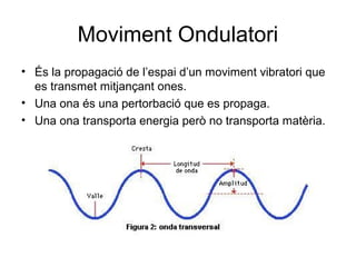 Moviment Ondulatori
• És la propagació de l’espai d’un moviment vibratori que
es transmet mitjançant ones.
• Una ona és una pertorbació que es propaga.
• Una ona transporta energia però no transporta matèria.
 