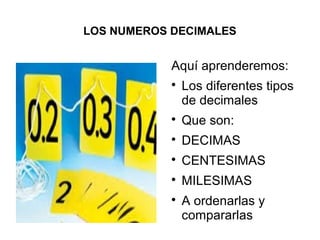 LOS NUMEROS DECIMALES

Aquí aprenderemos:


Los diferentes tipos
de decimales



Que son:



DECIMAS



CENTESIMAS



MILESIMAS



A ordenarlas y
compararlas

 