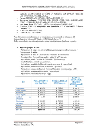 INSTITUTO SUPERIOR DE FORMACIÓN DOCENTE “JOSÉ MANUEL ESTRADA”



        Gabinete: GABINETE BRB -LATERAL EN ACRILICO CON COOLER + FRENTE
        LCD C/CONTROL TEMPERATURA
        Fuente: FUENTE ATX 680W 28A BISWAL COOLER 13"
        Accesorios incluidos: TECLADO USB, MOUSE LASER USB, AURICULARES
        C/MIC, LECTOR DE TARJETAS PANEL FRONTAL 23 EN 1
        Interfaz de Disco: 5 SATAII y 1 eSATA compatible con RAID 0/1/0+1/5
        2 ranuras PCI-E x16 compatibles con tecnología ATI CrossFireX™ / Hybrid
        CrossFireX™
        PLACA DE RED 10/100/1000
        12 x USB 2.0, 1 x IEEE1394a

Para obtener mayor rendimiento en su trabajo diario, se recomienda la utilización del
Sistema Operativo Microsoft® Windows® XP/Vista® /Seven (7)
Todos los productos han sido optimizados para el trabajo con esta plataforma operativa


     Algunos ejemplos de Uso:
      - Aplicaciones de juegos con alto nivel de exigencias en procesador, Memoria y
      Procesamiento de Video.
      - Aplicaciones de Base de Datos con alto volúmenes de información.
      - Reproducción y Conversión de Audio y Video Nivel Avanzado.
      - Aplicaciones para la Creación de Contenido Digital avanzado.
      - Diseño Grafico Avanzado y Arquitectura.
      - Aplicaciones para Cálculo Matemático y de otras áreas de especialidad.
      - Aplicaciones para Virtualizacion de Sistemas Operativos.
      - Aplicaciones para uso de Internet, Correo y Mensajería Instantánea tipo MSN.
      - Aplicaciones para Grabación de audio y video digital.
      - Aplicaciones para voz sobre IP tipo skype.

                                                                              PARA EL
                                                                             DISEÑADOR
                           PARA DOCENTE             PARA EL HOGAR
           PC                                                                 GRAFICO
                            Intel Dual Core          AMD Sempron
                                                                            AMD Phenom II
                                                                                  X2
  Procesador                     $ 426.00                $   393.00            $ 966.07
  Placa Madre                    $ 318.00                $   298.00            $ 645.85
  Memoria                        $ 210.00                $   125.00            $ 500.28
  Disco Rígido                   $ 250.00                $   200.00            $ 600.90
  Unidad             de          $ 143.00                $   143.00            $ 163.00
  DVD/CD
  Monitores                      $ 880.00                $ 780.00                $1625.00
  Parlantes                      $ 42.00                 $ 42.00                 $ 108.00
  Mouse                          $ 36.00                 $ 26.00                  $ 66.90
  Teclado                        $ 35.00                 $ 25.00                $ 105.00
  TOTAL                          $2340.00                $ 2032.00               $4781.00




Profesorado de Tecnología.                                                          Página nº 7
Alumno: Blanco Cesar J.A.
 