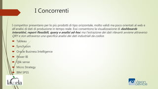 I Concorrenti
I competitor presentano per lo più prodotti di tipo orizzontale, molto validi ma poco orientati al web e
all’analisi di dati di produzione in tempo reale. Essi consentono la visualizzazione di dashboards
interattivi, report flessibili, query e analisi ad-hoc ma l’estrazione dei dati rilevanti avviene attraverso
QRY e non attraverso una specifica analisi dei dati industriali da codice.
 Tableau
 Syncfusion
 Oracle Business Intelligence
 Power BI
 Qlik sense
 Micro Strategy
 IBM SPSS
 