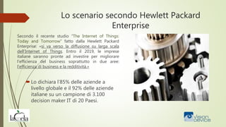 Lo scenario secondo Hewlett Packard
Enterprise
Secondo il recente studio “The Internet of Things:
Today and Tomorrow” fatto dalla Hewlett Packard
Enterprise: «si va verso la diffusione su larga scala
dell’Internet of Things. Entro il 2019, le imprese
italiane saranno pronte ad investire per migliorare
l’efficienza del business soprattutto in due aree:
l’efficienza di business e la redditività.»
Lo dichiara l’85% delle aziende a
livello globale e il 92% delle aziende
italiane su un campione di 3.100
decision maker IT di 20 Paesi.
 