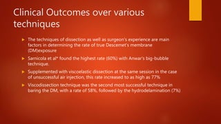 Clinical Outcomes over various
techniques
 The techniques of dissection as well as surgeon's experience are main
factors in determining the rate of true Descemet’s membrane
(DM)exposure
 Sarnicola et al* found the highest rate (60%) with Anwar's big-bubble
technique.
 Supplemented with viscoelastic dissection at the same session in the case
of unsuccessful air injection, this rate increased to as high as 77%
 Viscodissection technique was the second most successful technique in
baring the DM, with a rate of 58%, followed by the hydrodelamination (7%)
 