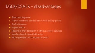 DSEK/DSAEK - disadvantages
 Steep learning curve
 Higher endothelial cell loss rate in initial post op period
 Graft dislocation
 Pupillary block
 Reports of graft dislocation in vitreous cavity in aphakics
 Interface haze limiting 20/20 vision
 More hyperopic shift compared to DMEK
 