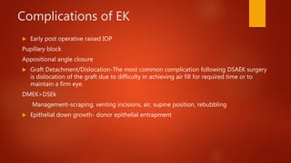 Complications of EK
 Early post operative raised IOP
Pupillary block
Appositional angle closure
 Graft Detachment/Dislocation-The most common complication following DSAEK surgery
is dislocation of the graft due to difficulty in achieving air fill for required time or to
maintain a firm eye.
DMEK>DSEk
Management-scraping, venting incisions, air, supine position, rebubbling
 Epithelial down growth- donor epithelial entrapment
 