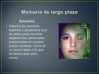 Episódica
• Sistema de memoria
  explícita y declarativa que
  se utiliza para recordar
  experiencias personales
  enmarcadas en nuestro
  propio contexto, como es
  un breve relato o lo que
  teníamos ayer para
  comer.
 