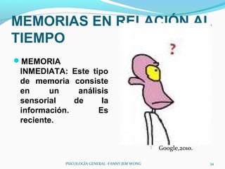 MEMORIAS EN RELACIÓN AL
TIEMPO
MEMORIA
 INMEDIATA: Este tipo
 de memoria consiste
 en     un     análisis
 sensorial    de     la
 información.       Es
 reciente.


                                                    Google,2010.

            PSICOLOGÍA GENERAL -FANNY JEM WONG                      34
 