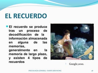 EL RECUERDO
El recuerdo se produce
 tras un proceso de
 decodificación de la
 información almacenada
 en    alguna   de   las
 memorias,
 generalmente en      la
 memoria de largo plazo,
 y existen 4 tipos de
 recuerdos                                          Google,2010.

            PSICOLOGÍA GENERAL -FANNY JEM WONG                      58
 