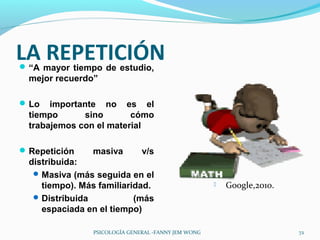 LA REPETICIÓN
 “A mayor tiempo de estudio,
  mejor recuerdo”

 Lo   importante no es el
  tiempo      sino       cómo
  trabajemos con el material

 Repetición    masiva         v/s
  distribuida:
    Masiva (más seguida en el
     tiempo). Más familiaridad.                         Google,2010.
    Distribuida           (más
     espaciada en el tiempo)

                PSICOLOGÍA GENERAL -FANNY JEM WONG                      72
 