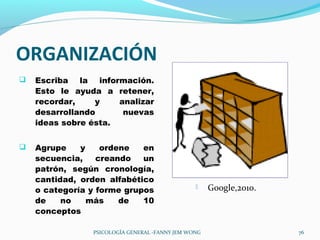 ORGANIZACIÓN
   Escriba la información.
    Esto le ayuda a retener,
    recordar,    y    analizar
    desarrollando      nuevas
    ideas sobre ésta.


   Agrupe    y    ordene   en
    secuencia,    creando   un
    patrón, según cronología,
    cantidad, orden alfabético
    o categoría y forme grupos                      Google,2010.
    de    no    más    de   10
    conceptos

                PSICOLOGÍA GENERAL -FANNY JEM WONG                  76
 