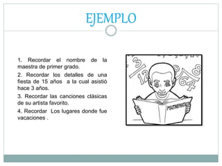 EJEMPLO
1. Recordar el nombre de la
maestra de primer grado.
2. Recordar los detalles de una
fiesta de 15 años a la cual asistió
hace 3 años.
3. Recordar las canciones clásicas
de su artista favorito.
4. Recordar Los lugares donde fue
vacaciones .
 