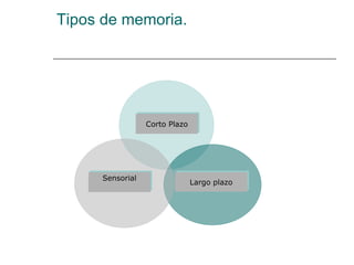 Tipos de memoria. Corto Plazo Largo plazo Sensorial 