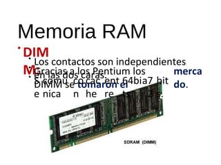 Memoria RAM 
•DIM 
M: 
••• 
Los contactos son independientes 
eGnra lcaisa ds oas l ocas rPaesn. tium los 
DIMM se tomaron el 
merca 
S comu 
co 
cac 
ent 
64bi 
a7 
bit 
do. 
e 
nica 
n 
he 
re 
ts 
2 
s. 
 