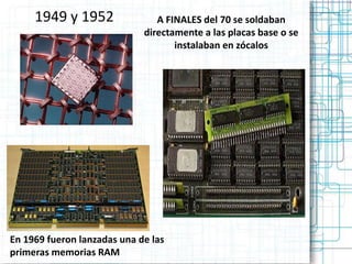 1949 y 1952                A FINALES del 70 se soldaban
                             directamente a las placas base o se
                                    instalaban en zócalos




En 1969 fueron lanzadas una de las
primeras memorias RAM
 