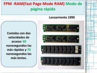 FPM -RAM(Fast Page Mode RAM) Modo de
            página rápida
                    Lanzamiento 1990



 Contaba con dos
  velocidades de
    acceso: 60
 nanosegundos las
 más rápidas y 70
 nanosegundos las
    más lentas.
 
