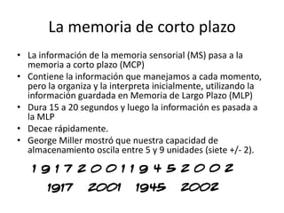 La memoria de corto plazo
• La información de la memoria sensorial (MS) pasa a la
  memoria a corto plazo (MCP)
• Contiene la información que manejamos a cada momento,
  pero la organiza y la interpreta inicialmente, utilizando la
  información guardada en Memoria de Largo Plazo (MLP)
• Dura 15 a 20 segundos y luego la información es pasada a
  la MLP
• Decae rápidamente.
• George Miller mostró que nuestra capacidad de
  almacenamiento oscila entre 5 y 9 unidades (siete +/- 2).
 