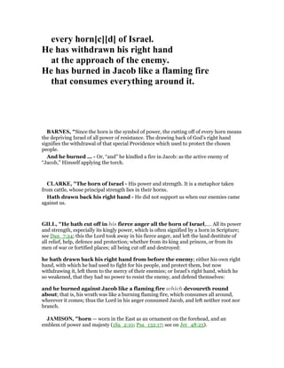 every horn[c][d] of Israel.
He has withdrawn his right hand
at the approach of the enemy.
He has burned in Jacob like a flaming fire
that consumes everything around it.
BAR ES, "Since the horn is the symbol of power, the cutting off of every horn means
the depriving Israel of all power of resistance. The drawing back of God’s right hand
signifies the withdrawal of that special Providence which used to protect the chosen
people.
And he burned ... - Or, “and” he kindled a fire in Jacob: as the active enemy of
“Jacob,” Himself applying the torch.
CLARKE, "The horn of Israel - His power and strength. It is a metaphor taken
from cattle, whose principal strength lies in their horns.
Hath drawn back his right hand - He did not support us when our enemies came
against us.
GILL, "He hath cut off in his fierce anger all the horn of Israel,.... All its power
and strength, especially its kingly power, which is often signified by a horn in Scripture;
see Dan_7:24; this the Lord took away in his fierce anger, and left the land destitute of
all relief, help, defence and protection; whether from its king and princes, or from its
men of war or fortified places; all being cut off and destroyed:
he hath drawn back his right hand from before the enemy; either his own right
hand, with which he had used to fight for his people, and protect them, but now
withdrawing it, left them to the mercy of their enemies; or Israel's right hand, which he
so weakened, that they had no power to resist the enemy, and defend themselves:
and he burned against Jacob like a flaming fire which devoureth round
about; that is, his wrath was like a burning flaming fire, which consumes all around,
wherever it comes; thus the Lord in his anger consumed Jacob, and left neither root nor
branch.
JAMISO , "horn — worn in the East as an ornament on the forehead, and an
emblem of power and majesty (1Sa_2:10; Psa_132:17; see on Jer_48:25).
 