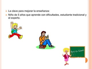  La clave para mejorar la enseñanza:
 Niño de 5 años que aprende con dificultades, estudiante tradicional y
el experto.
 