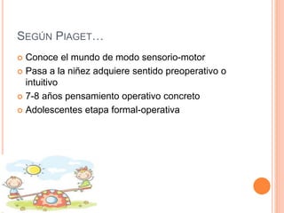 SEGÚN PIAGET…
 Conoce el mundo de modo sensorio-motor
 Pasa a la niñez adquiere sentido preoperativo o
intuitivo
 7-8 años pensamiento operativo concreto
 Adolescentes etapa formal-operativa
 