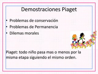 Demostraciones Piaget
• Problemas de conservación
• Problemas de Permanencia
• Dilemas morales
Piaget: todo niño pasa mas o menos por la
misma etapa siguiendo el mismo orden.
 