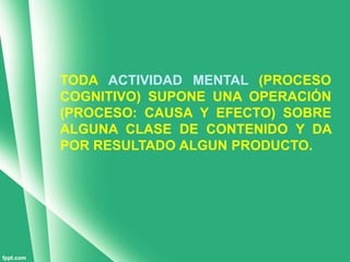 TODA ACTIVIDAD MENTAL (PROCESO
COGNITIVO) SUPONE UNA OPERACIÓN
(PROCESO: CAUSA Y EFECTO) SOBRE
ALGUNA CLASE DE CONTENIDO Y DA
POR RESULTADO ALGUN PRODUCTO.
 