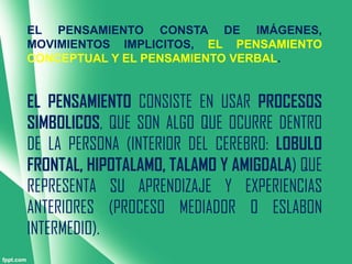 EL PENSAMIENTO CONSTA DE IMÁGENES,
MOVIMIENTOS IMPLICITOS, EL PENSAMIENTO
CONCEPTUAL Y EL PENSAMIENTO VERBAL.


EL PENSAMIENTO CONSISTE EN USAR PROCESOS
SIMBOLICOS, QUE SON ALGO QUE OCURRE DENTRO
DE LA PERSONA (INTERIOR DEL CEREBRO: LOBULO
FRONTAL, HIPOTALAMO, TALAMO Y AMIGDALA) QUE
REPRESENTA SU APRENDIZAJE Y EXPERIENCIAS
ANTERIORES (PROCESO MEDIADOR O ESLABON
INTERMEDIO).
 