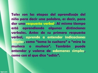 Tales son las etapas del aprendizaje del
niño para decir una palabra, es decir, para
dar una respuesta verbal. Al mismo tiempo
está aprendiendo algunas distinciones
verbales. Antes de su primera respuesta
verbal, aprende a entender indicaciones
simples, como “toma la cuchara” o “mira la
muñeca o muñeco”. También puede
entender y valerse de ademanes simples,
como con el que dice “adiós”.
 