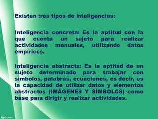 Existen tres tipos de inteligencias:


Inteligencia concreta: Es la aptitud con la
que cuenta un sujeto para realizar
actividades manuales, utilizando datos
empíricos.

Inteligencia abstracta: Es la aptitud de un
sujeto determinado para trabajar con
símbolos, palabras, ecuaciones, es decir, es
la capacidad de utilizar datos y elementos
abstractos (IMÁGENES Y SÍMBOLOS) como
base para dirigir y realizar actividades.
 